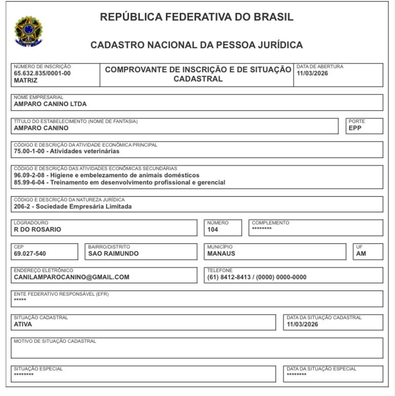 Cartão CNPJ do Instituto Amparo Canino - Amparo Canino LTDA